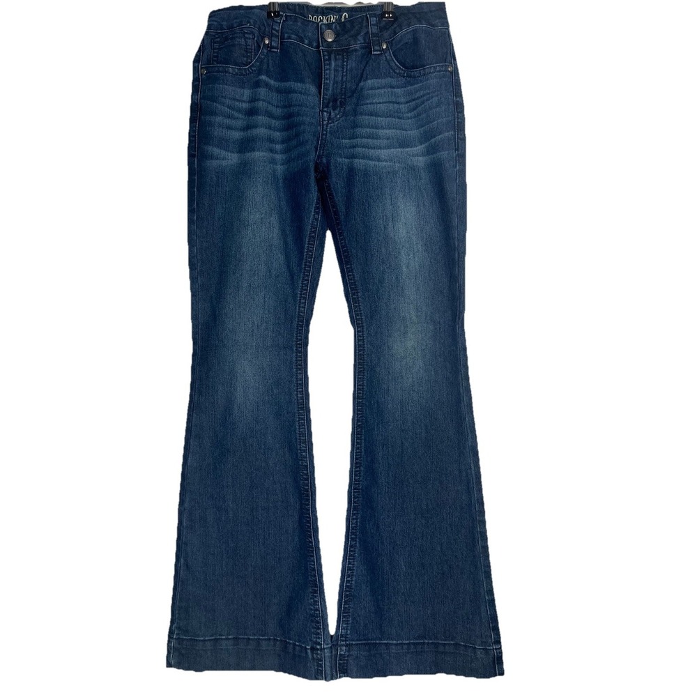 Rockin' C Women Dark Wash Flare Leg Jeans Size 31 Mid Rise Western Boho Denim